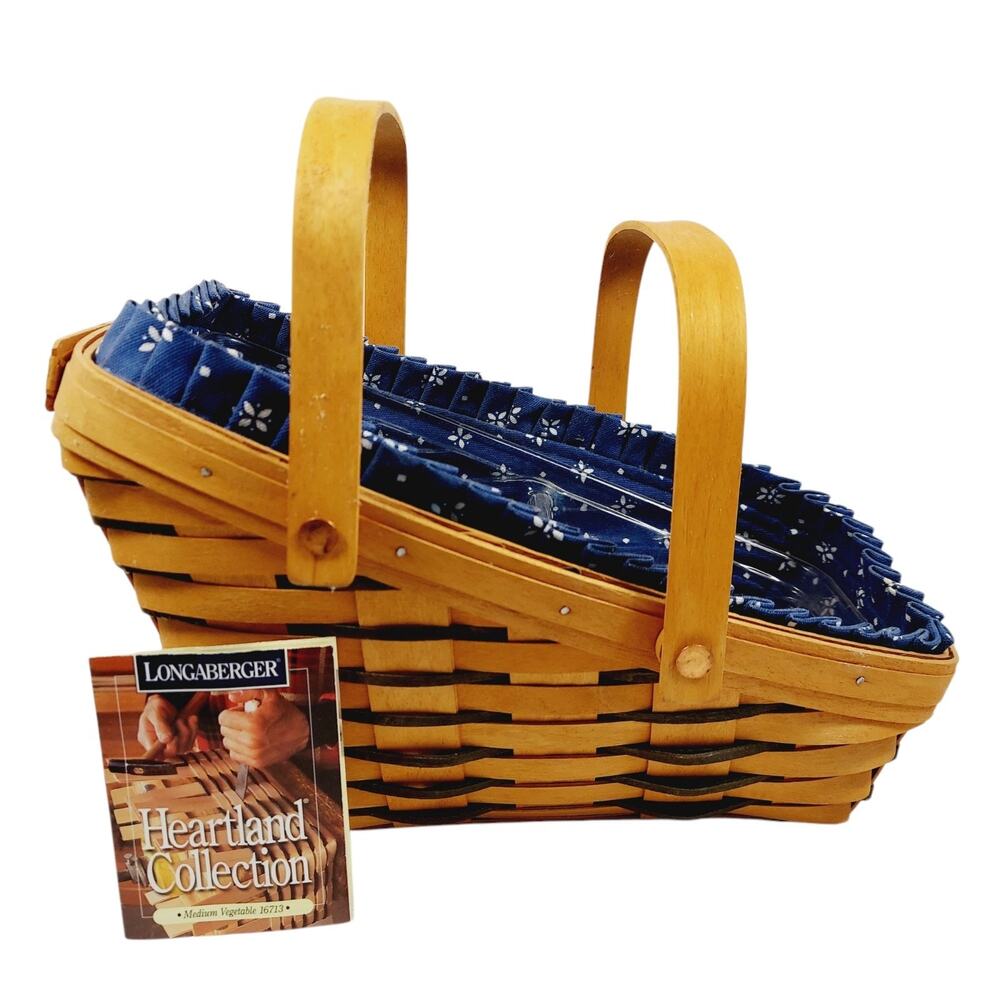 Longaberger Medium Vegetable Basket Slanted w/ Double Handles Blue Liner Divided
